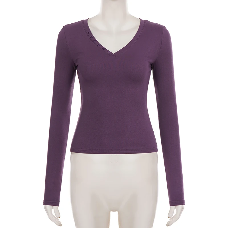 SUCHCUTE Retro Y2K Basic Damen Langarm-T-Shirt mit tiefem V-Ausschnitt, Knopfleiste, schmaler Passform, einfarbig, kurz geschnitten, Streetwear, lässiges Oberteil, neu. – Detail 4