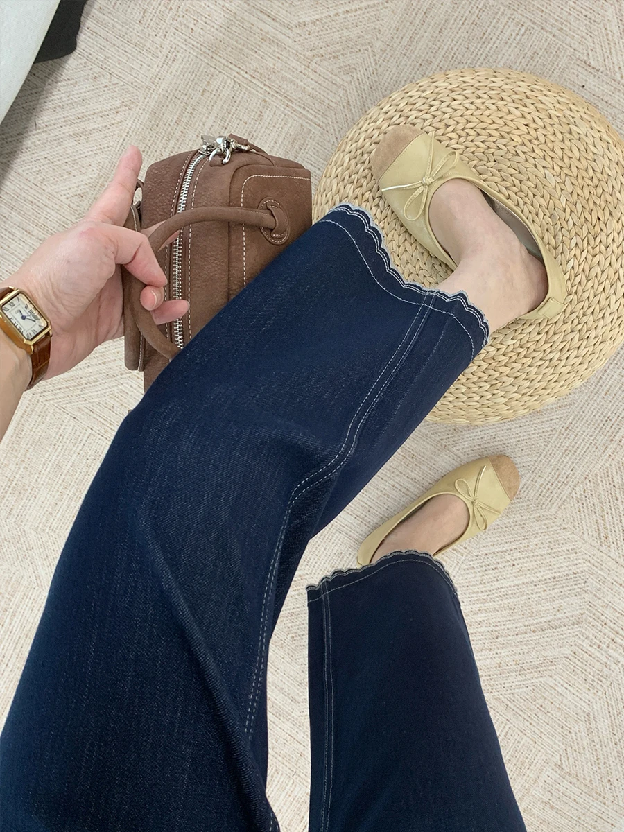 

Korean Style Ruffle Denim High Waist Straight Leg Thin Four Way Stretch Jeans Women Spring Summer Small Size Wide Leg Pants