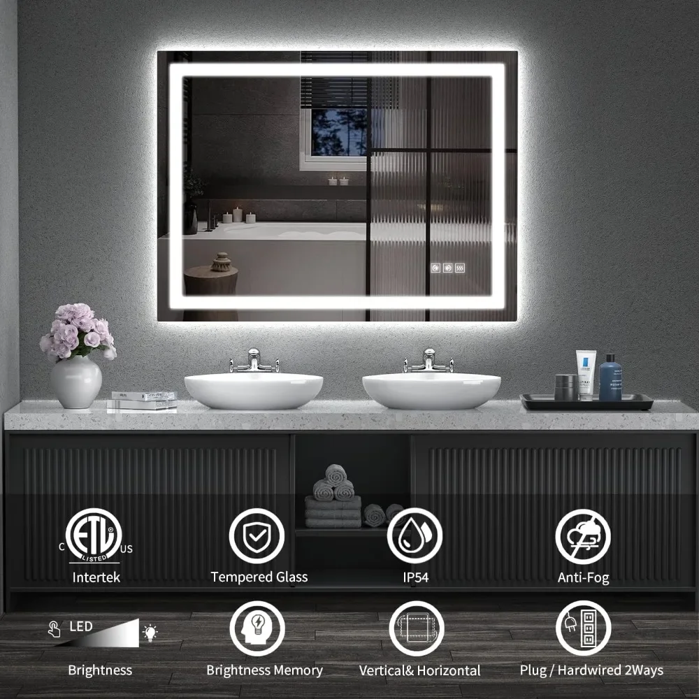 

Double Light Strips, 3 Colors, Shatter-Proof Inch Backlit + Front Lighted Bathroom Vanity Mirror with Lights for Wall