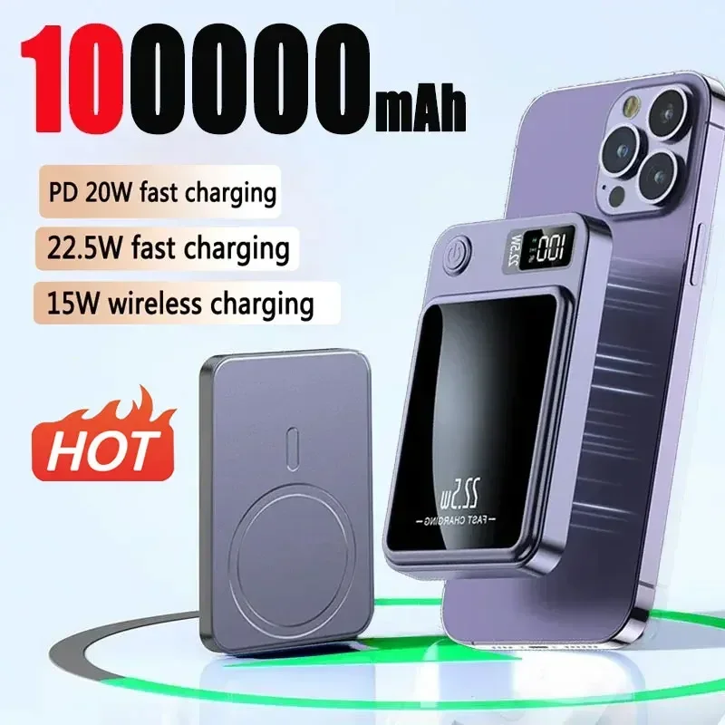 

Hot 100000mAh Wireless Power Bank Magnetic Qi Portable Powerbank Type C Fast Charger For iPhone15 14 13 Samsung MaCsafe