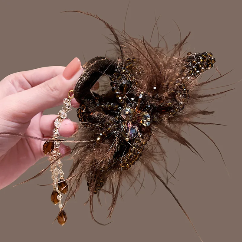 Feather Crystal Hair Claws Luxury Beaded Floral Grab Clip With Long Tassel Large Shark Clip Wedding Banquet Hair Accessories