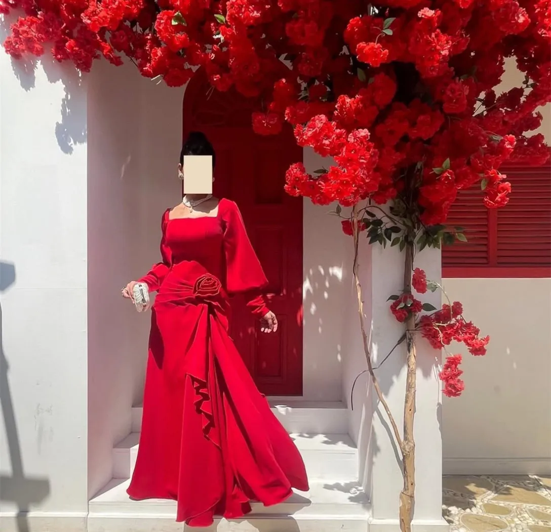 

Customized Long Red Crepe Evening Dresses with Ruffles A-Line Square Neck Pleated Floor Length Wedding Guest Dress for Women