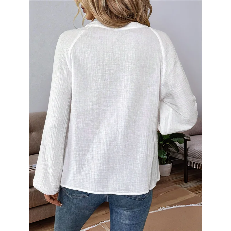 

【】Women's Boho Tops Long Sleeve V Neck Embroidery Blouse Linen Shirt