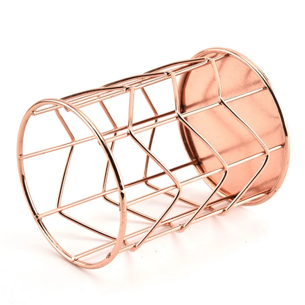 Rose Gold Nordic Metal Mesh Pen Holder Metal 10*8cm Multifunctional Desktop Organizer Basket Stationery & Eyebrow Pencil Holder