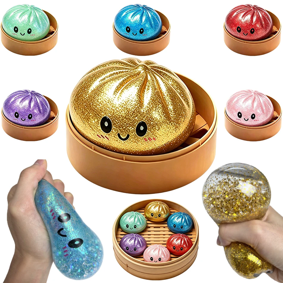 Brinquedo Squishy Baozi Colorido com Glitter e Vaporizador, Simulação de Xiao Long Bao, Brinquedo de Recuperação Lenta para Alívio do Estresse, Novidade para Pegadinhas