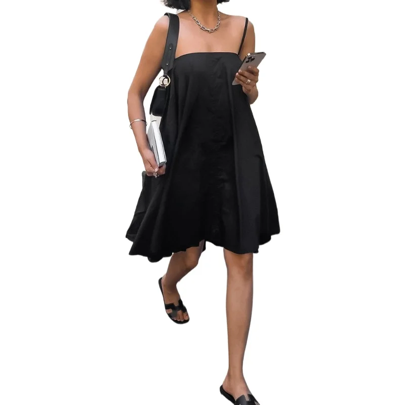

European and American Sexy Suspender Dress Women's Summer Casual Loose Black Big Pendulum A-shaped Skirt Design Short Skirt