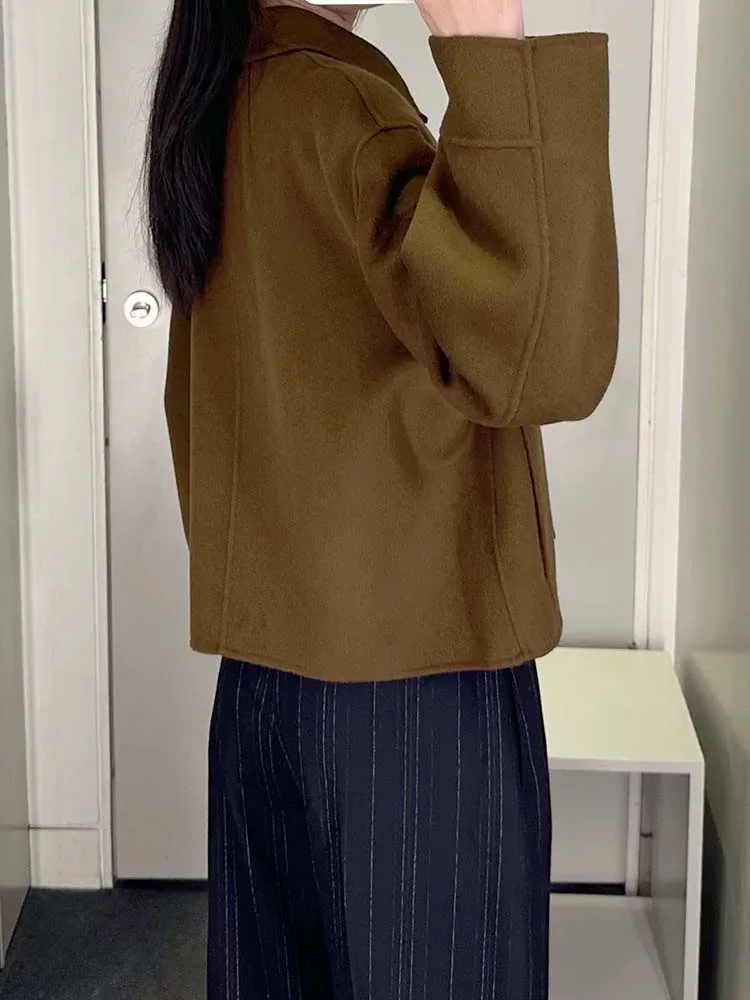 معطف نسائي قصير بتصميم بسيط من مزيج الصوف ذو وجهين، مناسب للارتداء اليومي، مصنوع من جلد الغنم، إصدار جديد لفصلي الخريف والشتاء #4