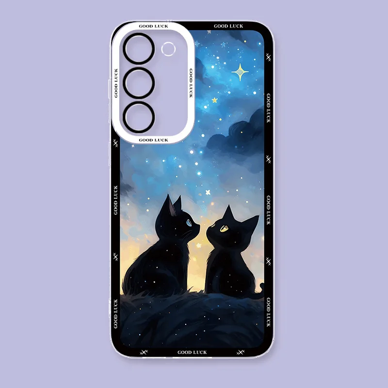 Starry Sky Black Cat Phone Case For For Samsung Galaxy S24 S23 S22 Plus Ultra Clear Cover For Galaxy S23+ S22+ S24+ Shell Fundas