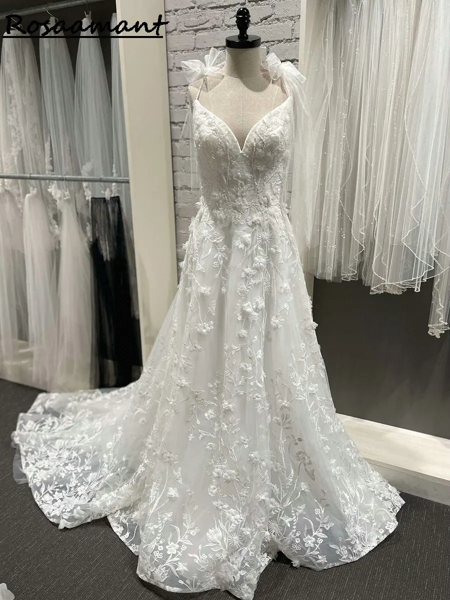 Роскошные свадебные платья трапециевидной формы без рукавов с 3D цветочным кружевом на бретельках и бантом, деревенские свадебные платья