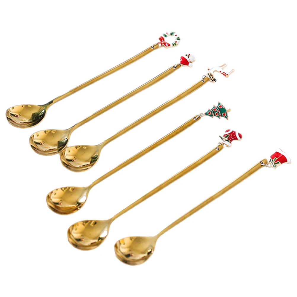 

6 Pcs Stainless Steel Cutlery Set Long Handle Mixing Spoons Portable Multi Function Xmas Coffee Dessert Tea Spoon Ice Cream
