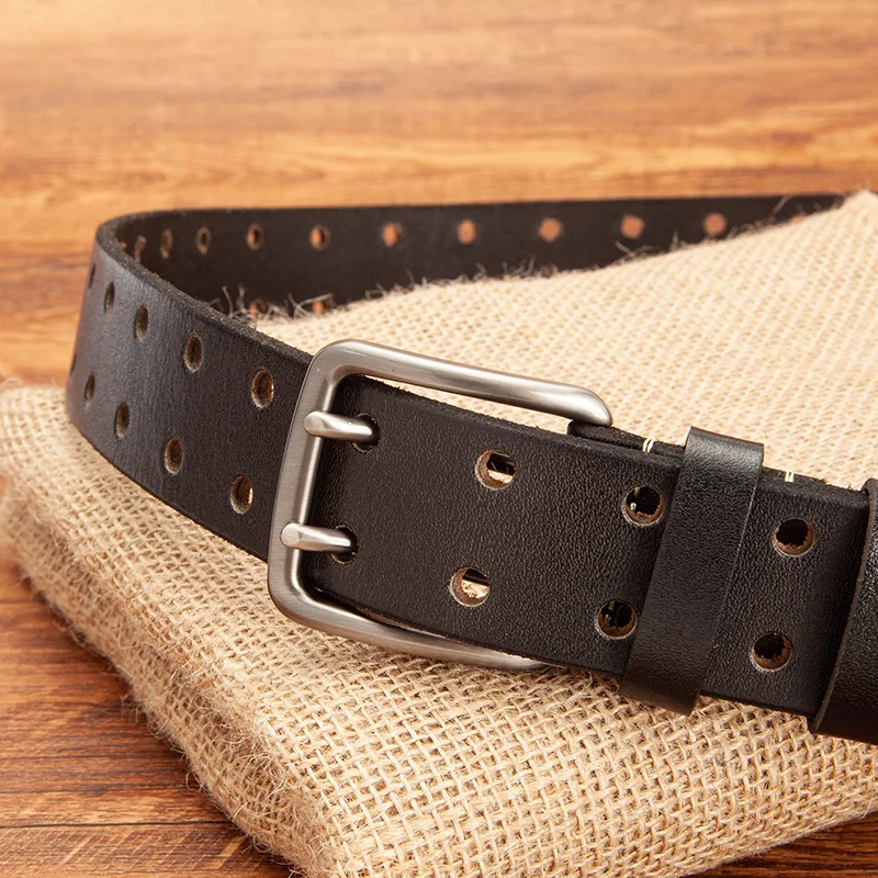 3.8cm Men's Cowhide Vintage Punk Style Genuine Leather Belts Man Casual Double Holes Needle Buckle Strap Belt