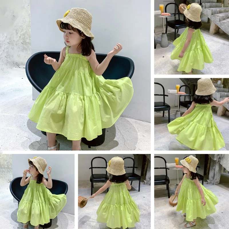 Girls Dresses Summer 2024 Korean Style Cool Casual Children\'s Clothing Cake Princess Dress Baby Kids Suspender Beach Skirt