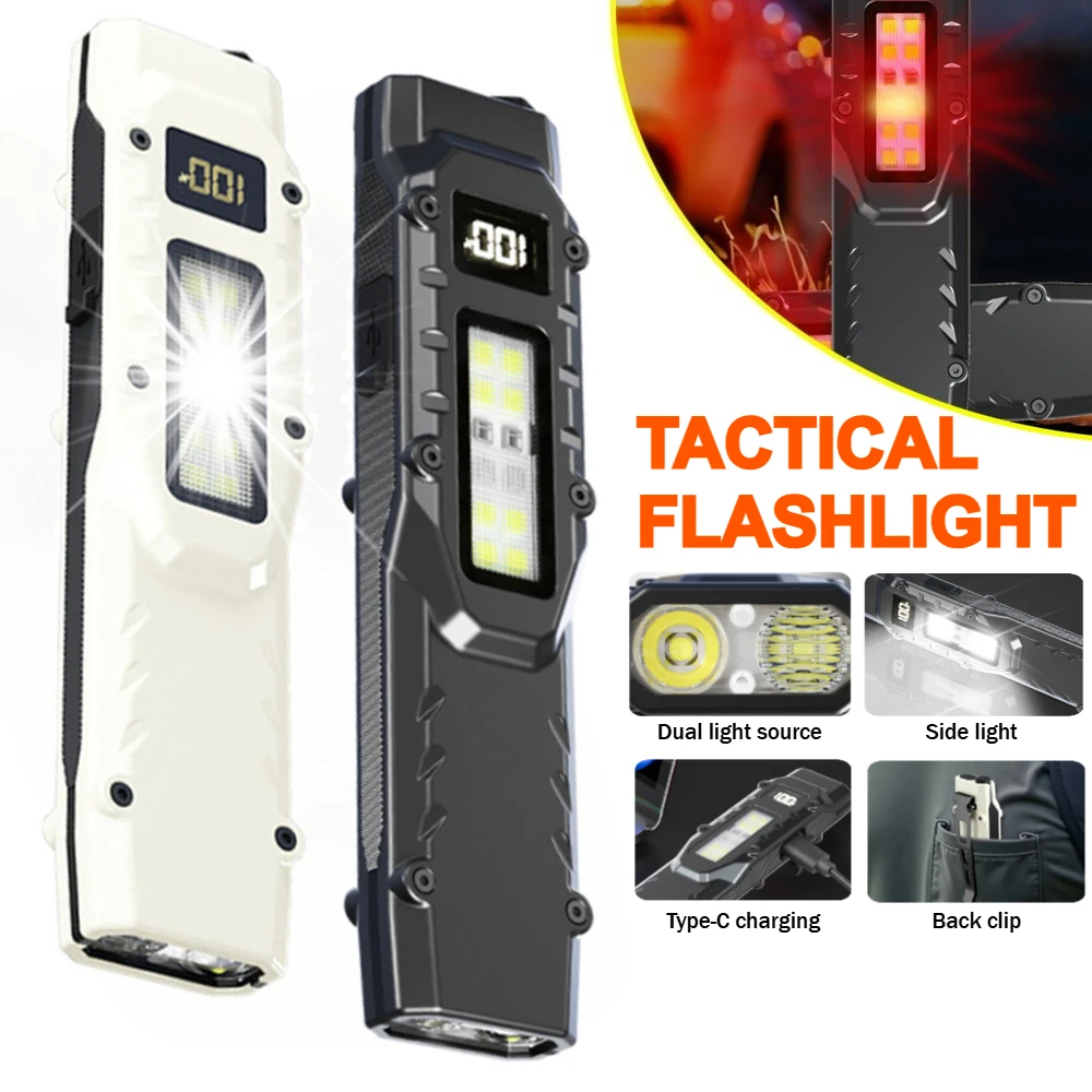 EDC Tactical Flashlight Flat Flashlights Rechargeable LED Pocket Flashlight with Digital Display & 9 Modes,Stainless Steel Torch