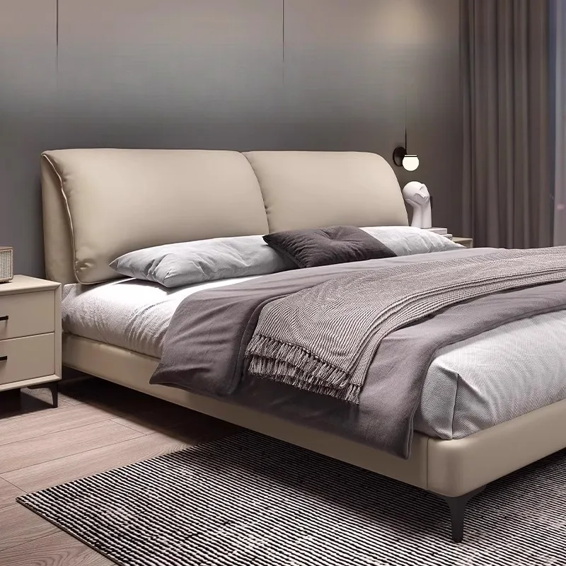 

Brown Base Mattress Double Bed Leather Minimalist Modern Storage Double Bed Frame Luxury High Cama Matrimonial Bedroom Furniture