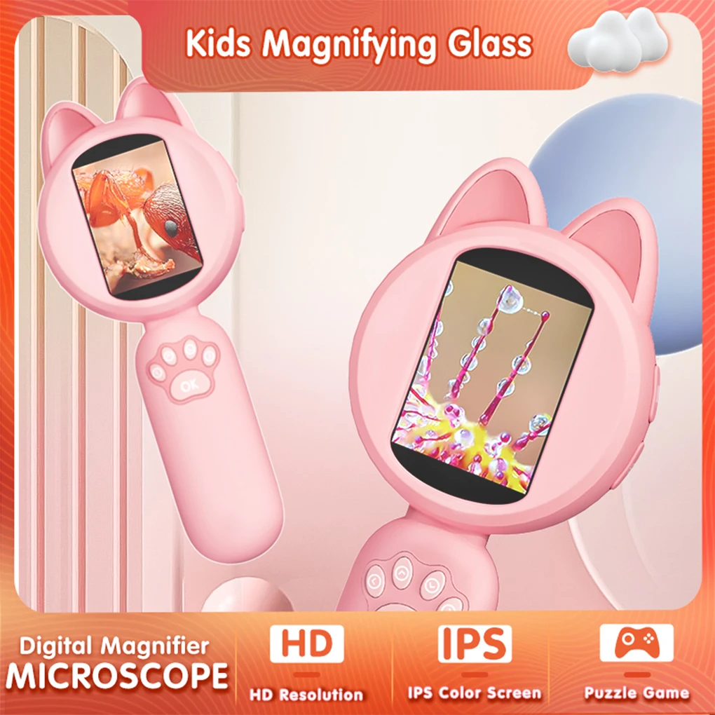 Children Microscope 2 inch Pocket Microscope Portable Electric Digital Magnifying glass with 8LEDs STEM Microscope Outdoor Gift