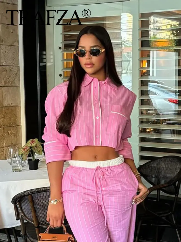 TRAFZA 2024 Women\'s Summer Fashion Pink Stripe Blouse Long Sleeves Patchwork Single Breasted Lapel Elegant Cropped Shirt Tops