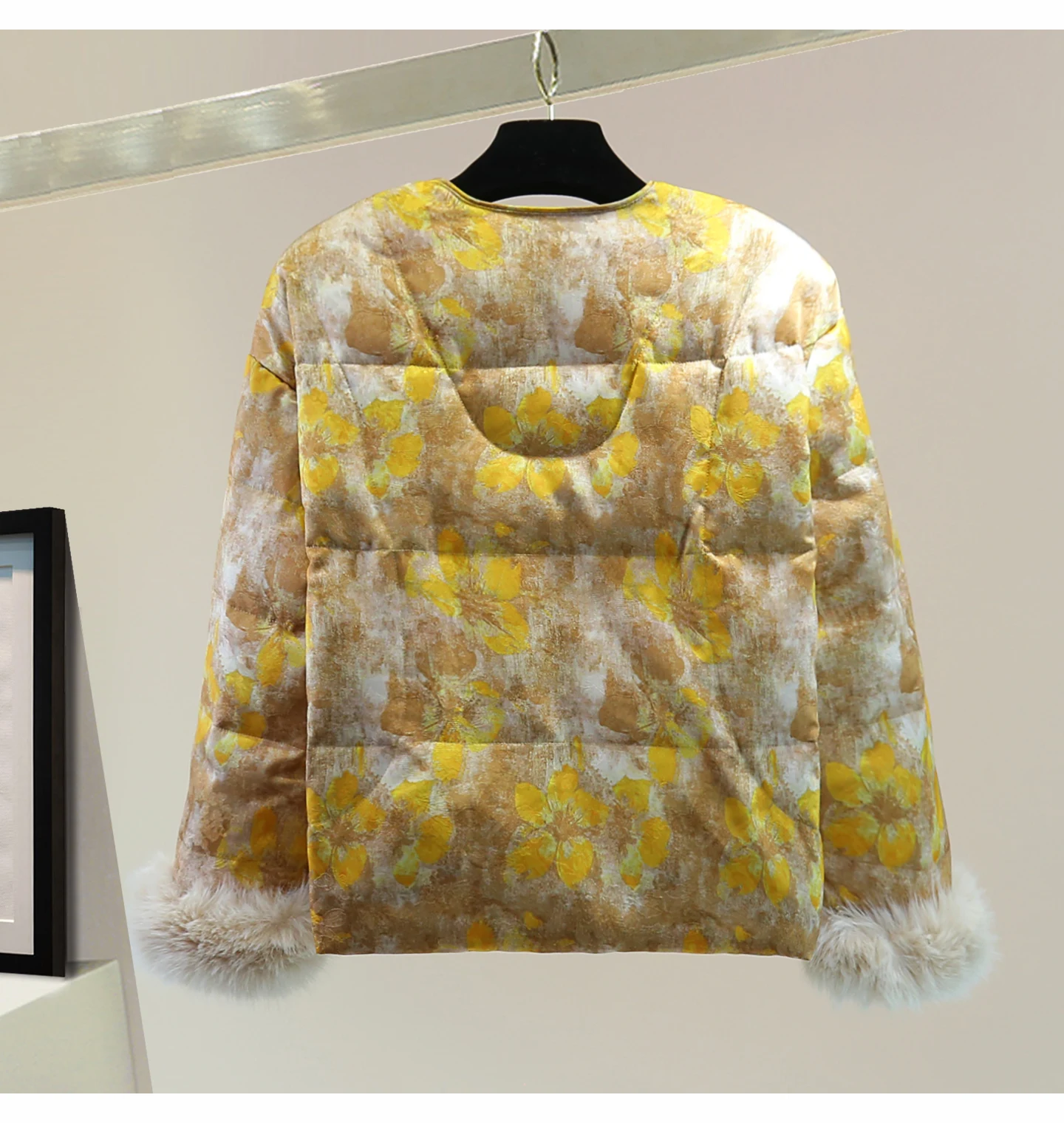 Novo estilo chinês destacável grande gola de pele manga longa para baixo forro jaqueta outono inverno amarelo jacquard grosso em torno do pescoço casaco