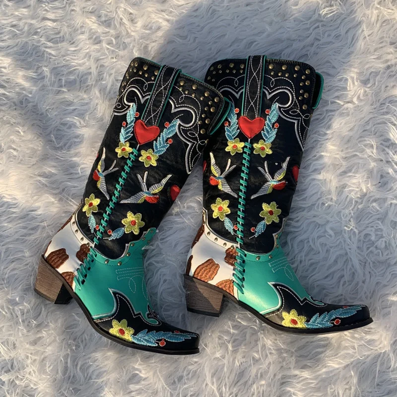 2023 Winter Blue Western Cowboy Boots Women Shoes Thick Heels Pointed Toe Embroidered Mid Calf Boots Fashion Cowgirl Booties