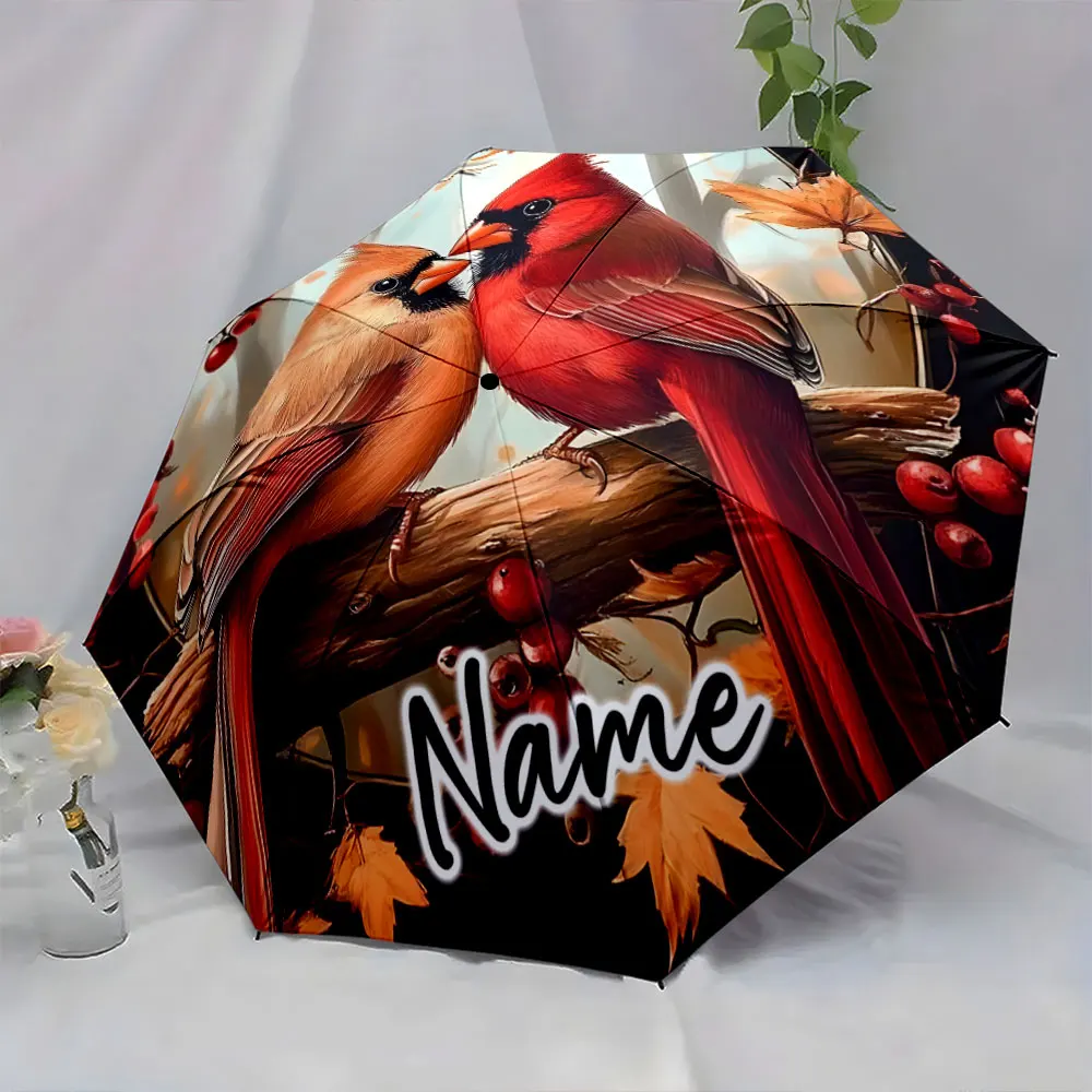 Custom Name Elegant Umbrella with Cardinal Birds in Autumn Design Print 8Iron Ribs Folding Umbrella Auto-Open Fashion Sunshade