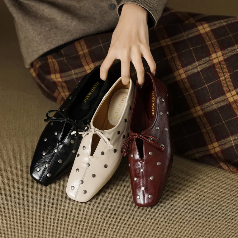 2025 New Style Spring Women Single Shoes Square Toe Low Heel Rivet Decoration Femme Leather Shoes Retro Versatile Ladies Loafers