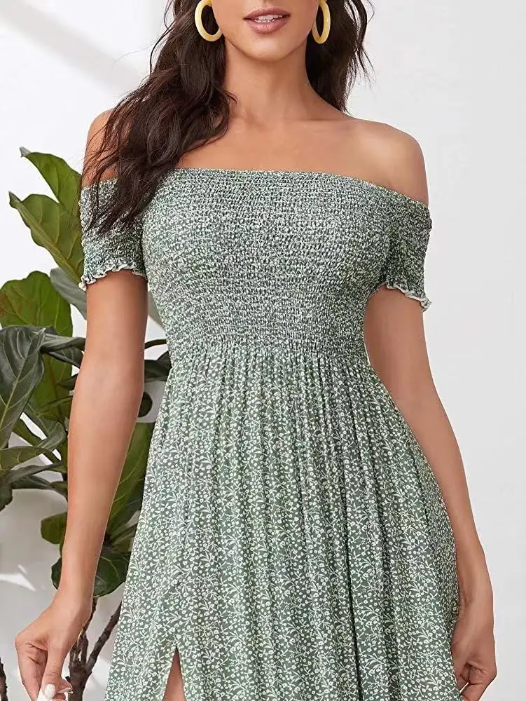 Sexy épaules nues plage longues robes femmes 2025 été à manches courtes Floral fourchue Boho vacances Femme robes Robe Femme