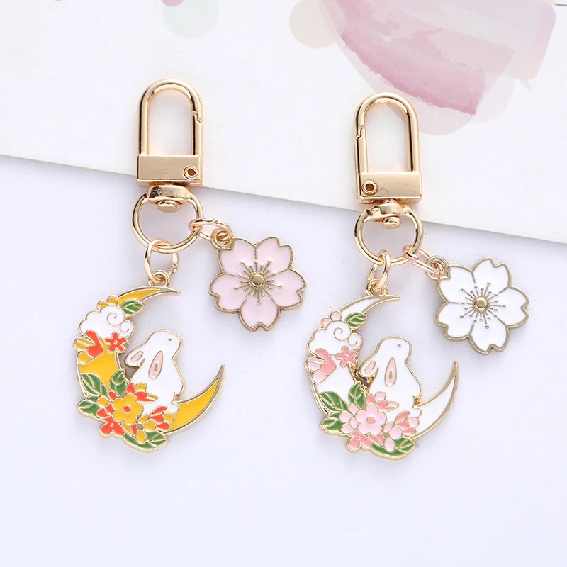 Fashion Cute Moon Flower Rabbit Keychain For Women Sweet Cartoon Enamel Gold Color Key Chain Bag Car Key Decoration Girls Gift