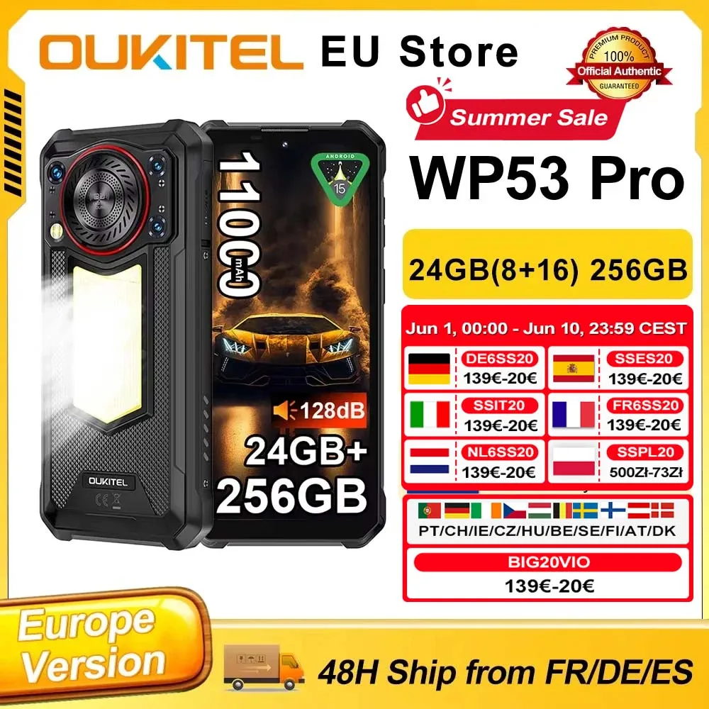 OUKITEL WP53 PRO Rugged Smartphone 50MP 24GB(8+16) 256GB 11000mAh Android 15 Camping Light loudspeaker 6.52" NFC Cell Phone