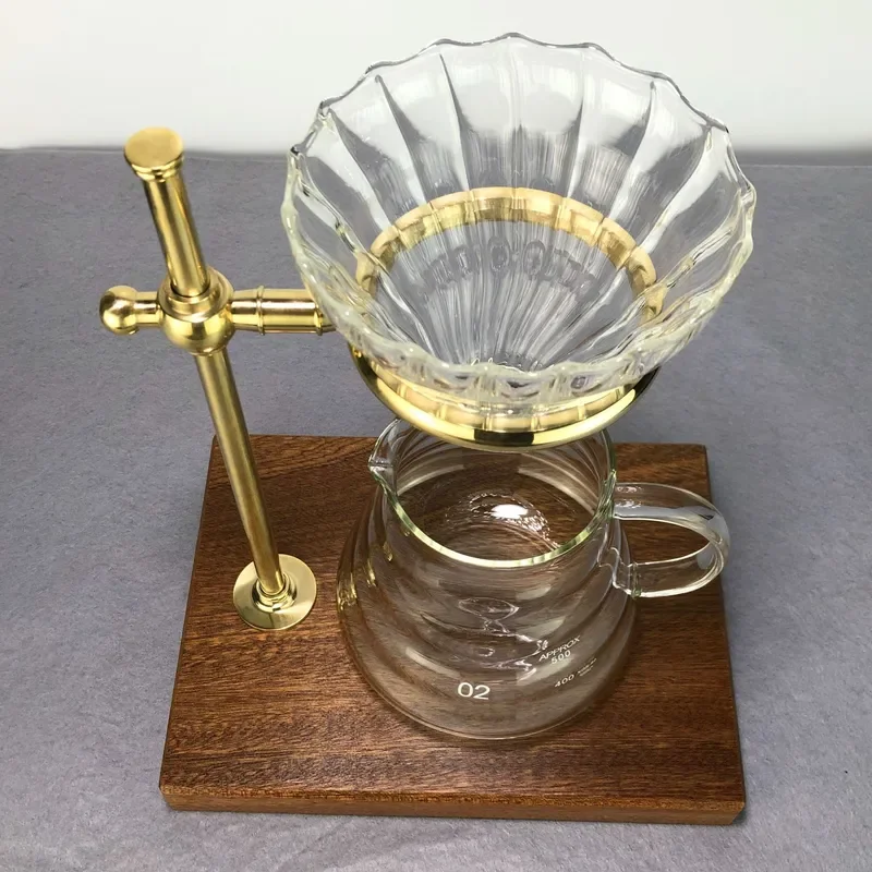 Manual Coffee Drip Stand Adjustable Height Pure Copper Frame with Ebony Wood Base Filter Holder Set for Home Brewing Kit Hand
