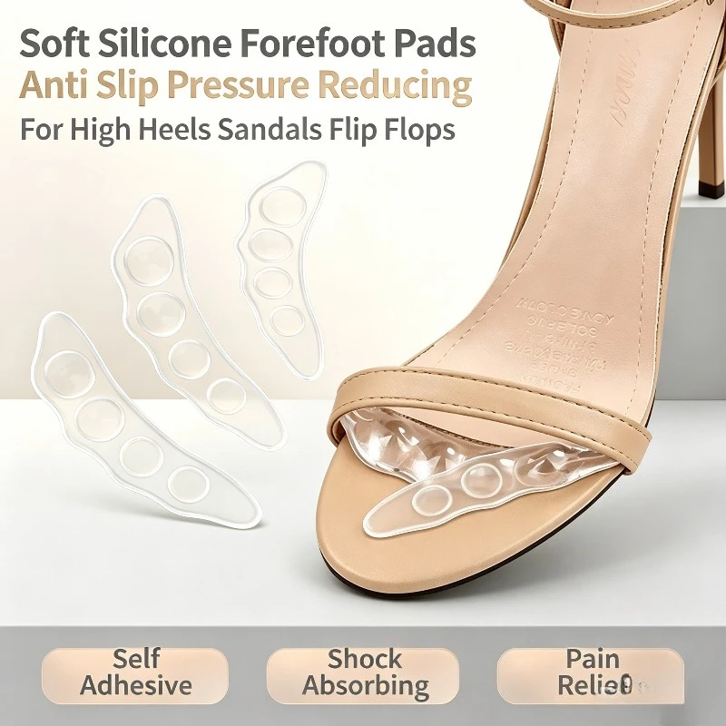 Women High Heels Sandals Flip Flops Silicone Forefoot Cushion Pads Self Adhesive Non Slip Soft Gel Shoe Inserts Foot Pain Relief