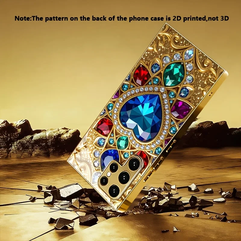 Colorful Diamond Gold Heart Pattern Glass Phone Case Suitable for Samsung Galaxy S26 S25 S24 S22 S21 S20 FE/Ultra/Plus Hard Case