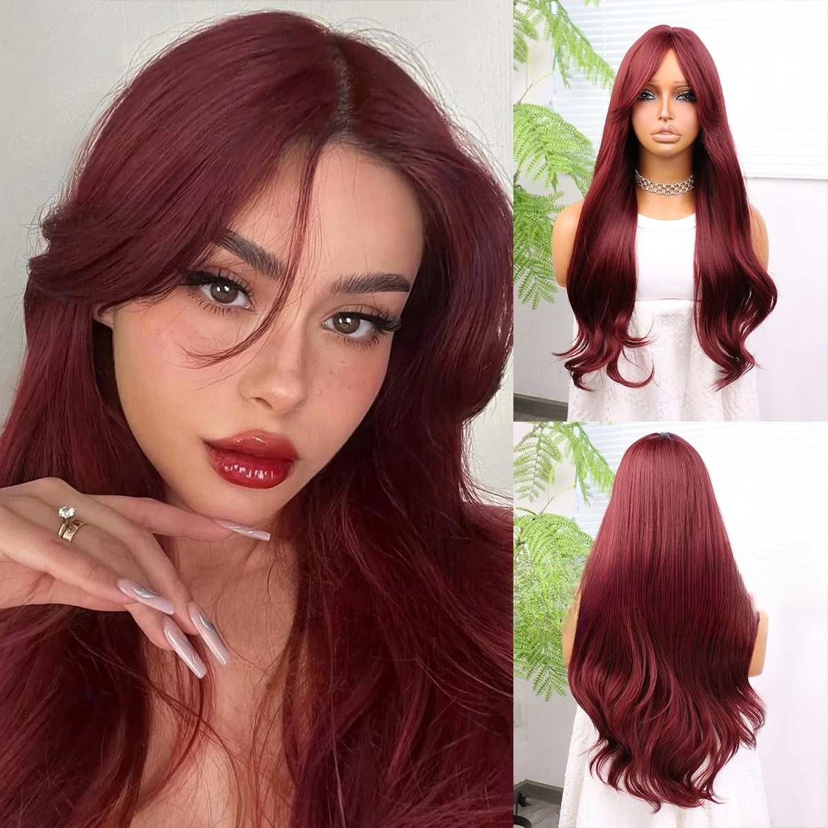 

wig, long curly hair, natural big waves, water ripples, micro-curls, burgundy, high temperature silk women, new European and Ame