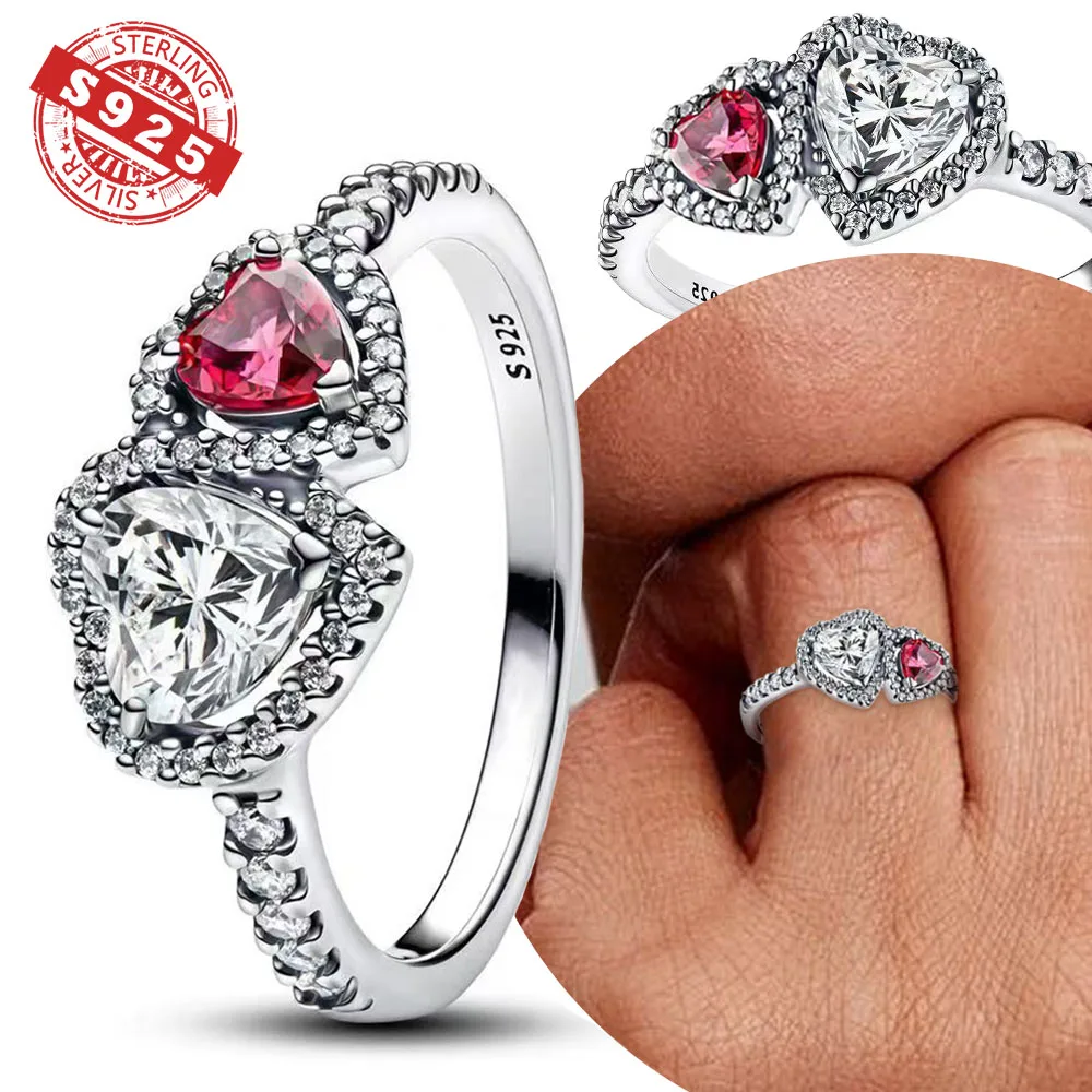 925 Silver Valentine's Day Ring Sparkling Red Zircon Double Love Ring Original Finger Wedding Ring DIY Women Fine Jewelry Gift