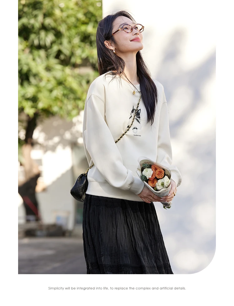 VIMLY Women's Sweatshirt 2025 Spring Autumn Cute Cat Print Loose Pullover Crew Neck Long Sleeve Top Female Clothes A0503