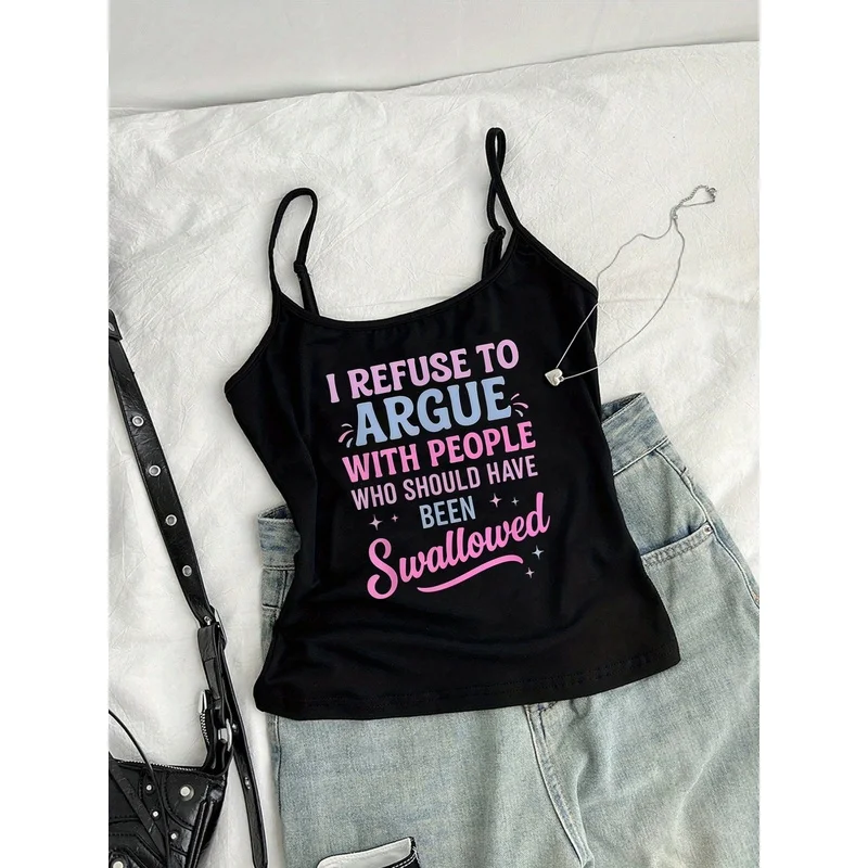 Americanstyle Roundneck Camisole with I Refuse to Argue, Emotional Expression Pattern, Y2K Retro Hot Outfit, Adjustable Straps