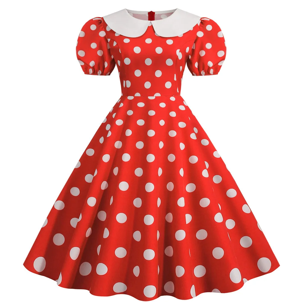 Robe d\'été vintage à pois pour femmes, robe de soirée de bureau Rockabilly, col claudine décontracté, robe d\'été éducative rouge