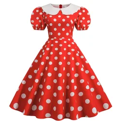 Polka Dot Vintage Dress Women Summer Red Rockabilly Office Party Dress Casual Peter Pan Collar Sundress Vestidos