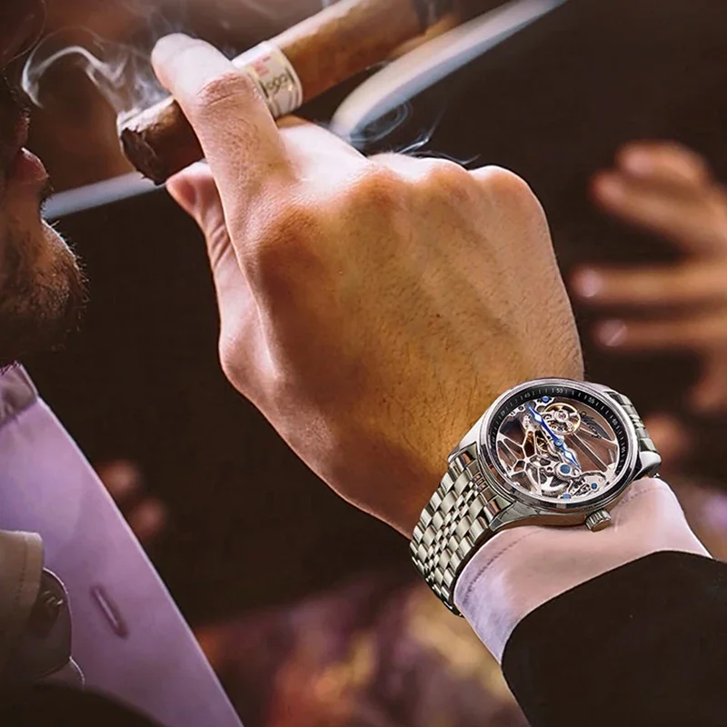ساعات توربيون كاجوال عصرية للرجال ساعة ميكانيكية أوتوماتيكية بالكامل فاخرة مقاومة للماء ساعة رجالية مجوفة شفافة