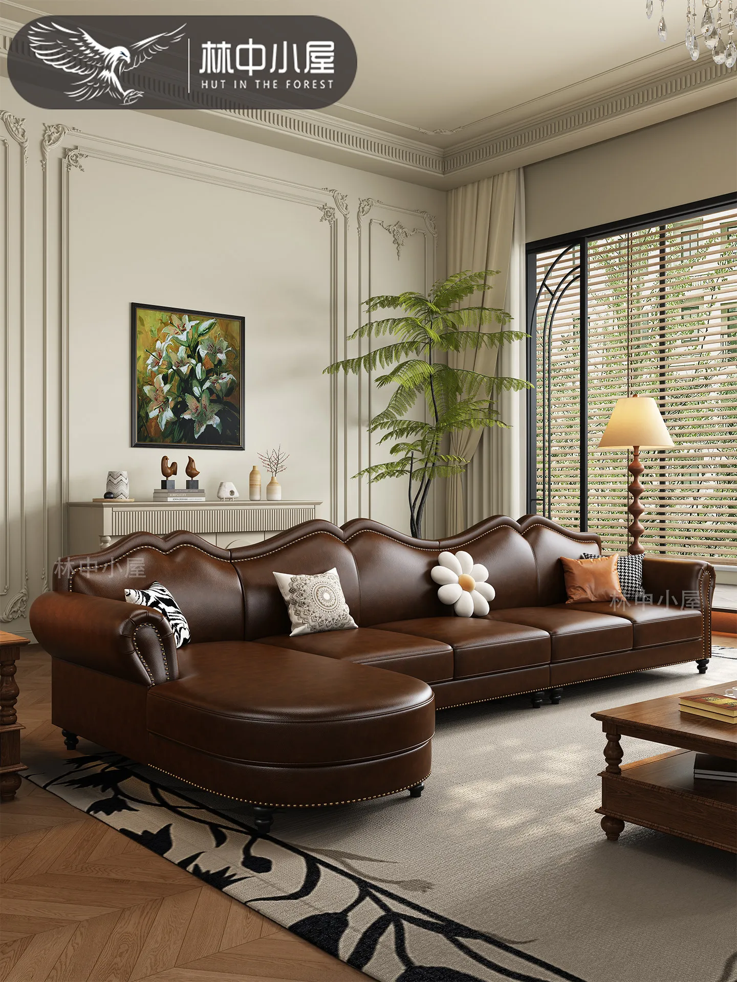 LMM retro leather sofa living room light luxury large apartment first layer cowhide four people straight row