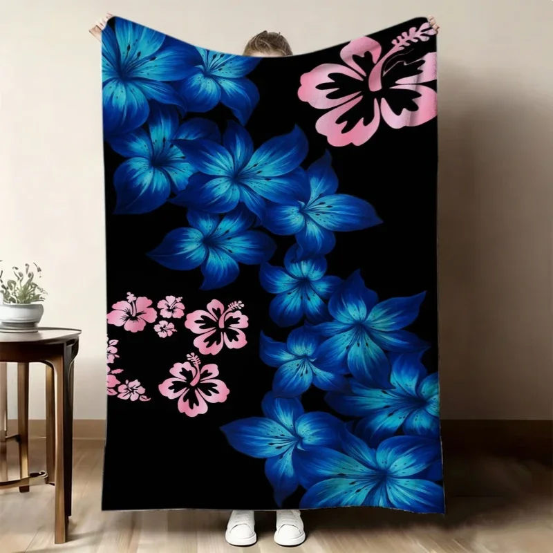 Black Background Blue Pink Hibiscus Fleece Blanket For Dramatic Bedroom Decor Lightweight Plush Throw Blanket Cover