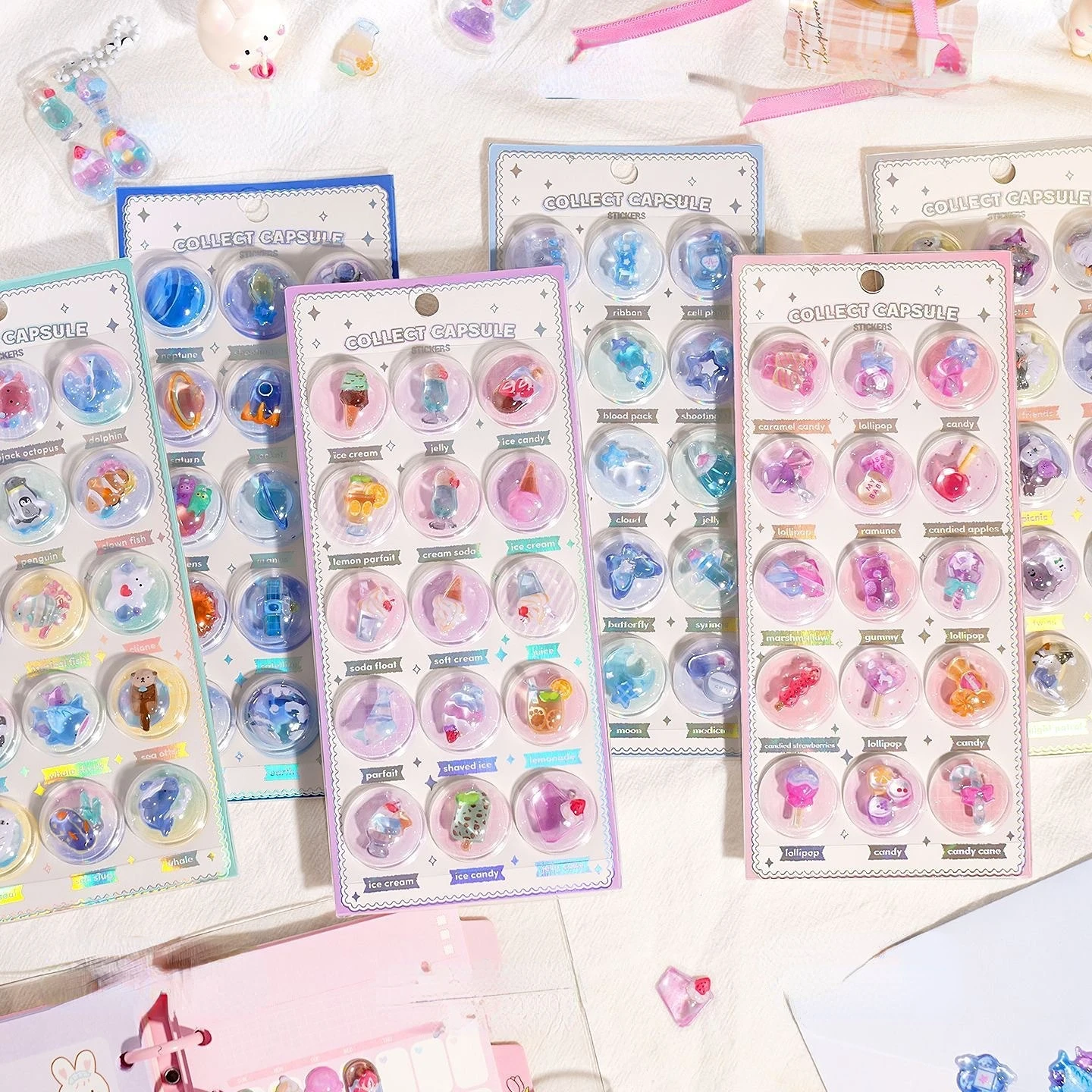 1/6PCS DIY 3D Capsule Crystal Stickers - Kawaii Embossed Relief Decals, Scrapbooking Journal Cute Stationery for Children’s Toy