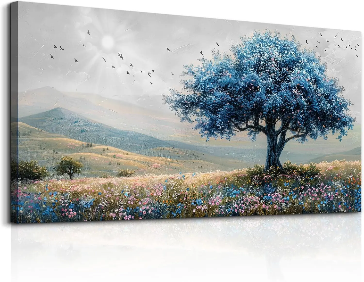 30x60 Inch Framed Farmhouse Canvas Wall Prints, Field Scenery Wall Art with Blue Tree Motifs, Rustic Indoor Wall Decor for Living Room Bedroom Office