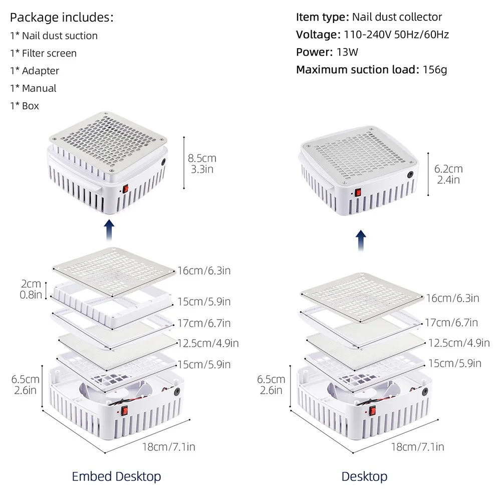 Collettore di polveri per unghie professionale con filtro Aspirapolvere per unghie da tavolo incorporato Unghie in gel Collettore da scrivania per manicure per unghie