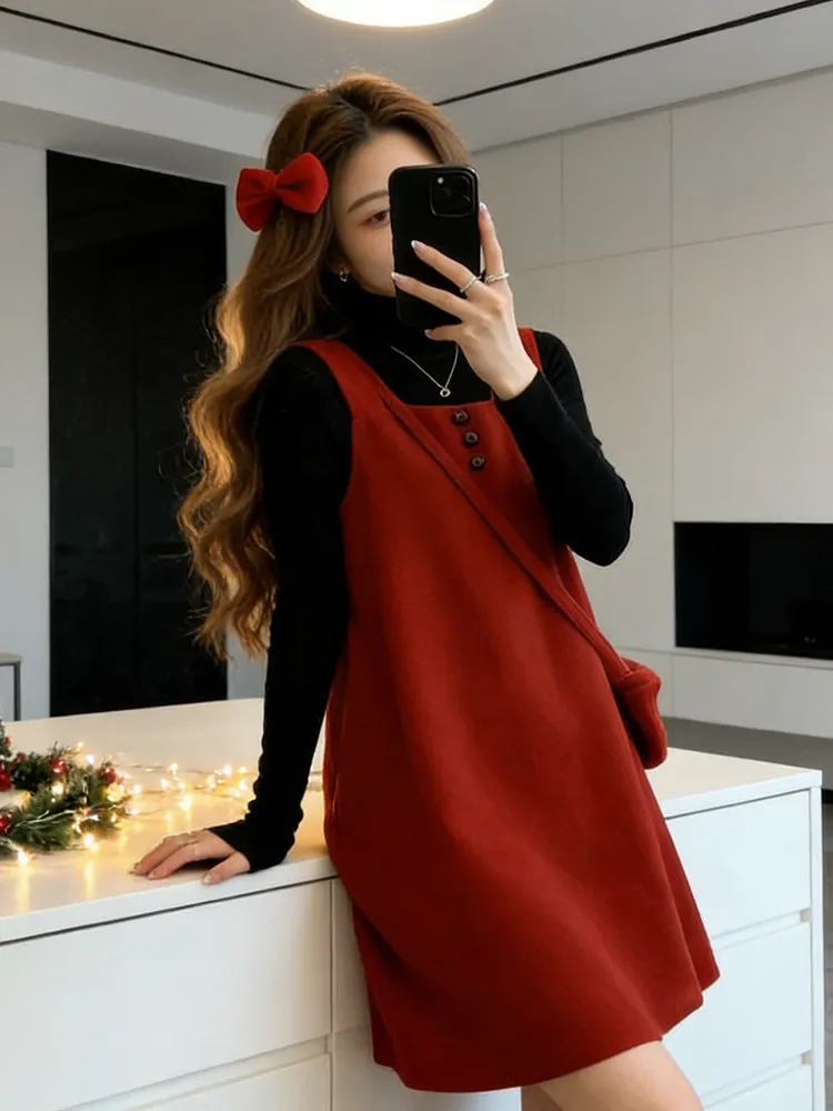 

Retro Red Vest Dr Bla Long Sve Base irt Women's 2026 Spring New Year's Outfit Two-Piece Set Warm Casual Faionable