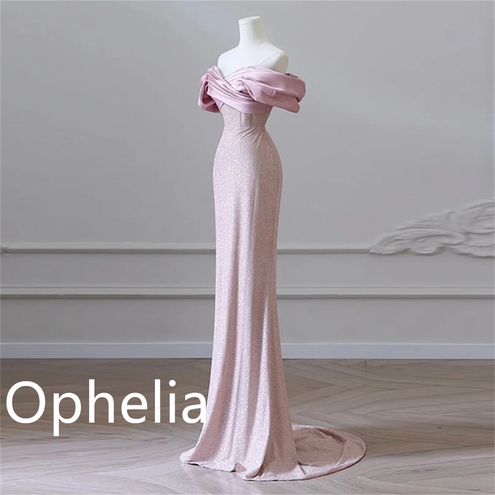 فستان سهرة جيرسي وردي رقيق مخصص رائع بدون حمالات قبالة الكتف حورية البحر زيبر خلفي مخصص