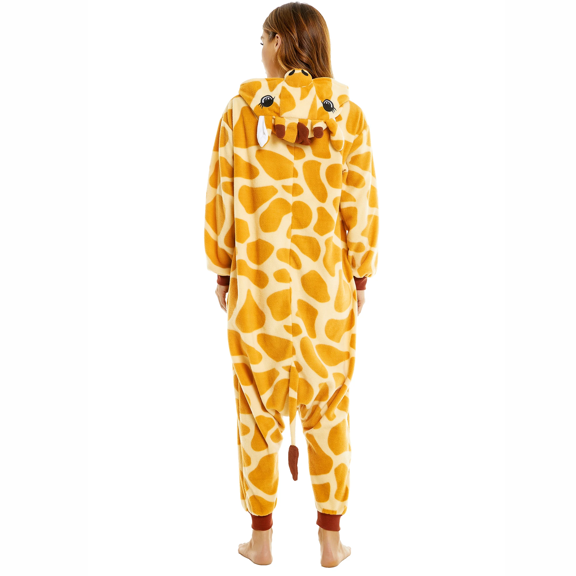 Giraffe Costume Suit Adult Women Winter Soft Hooded One-piece Pajamas Halloween Zoo Animal Cosplay Jumpsuit Onesie Sleepwear