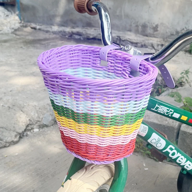 Regenbogenfarbener Fahrradkorb für Kinder, vorderer Lenker, Rattan, Picknickkorb, Kunststoff, Fahrradtasche, Wasserflasche, Puppenetui