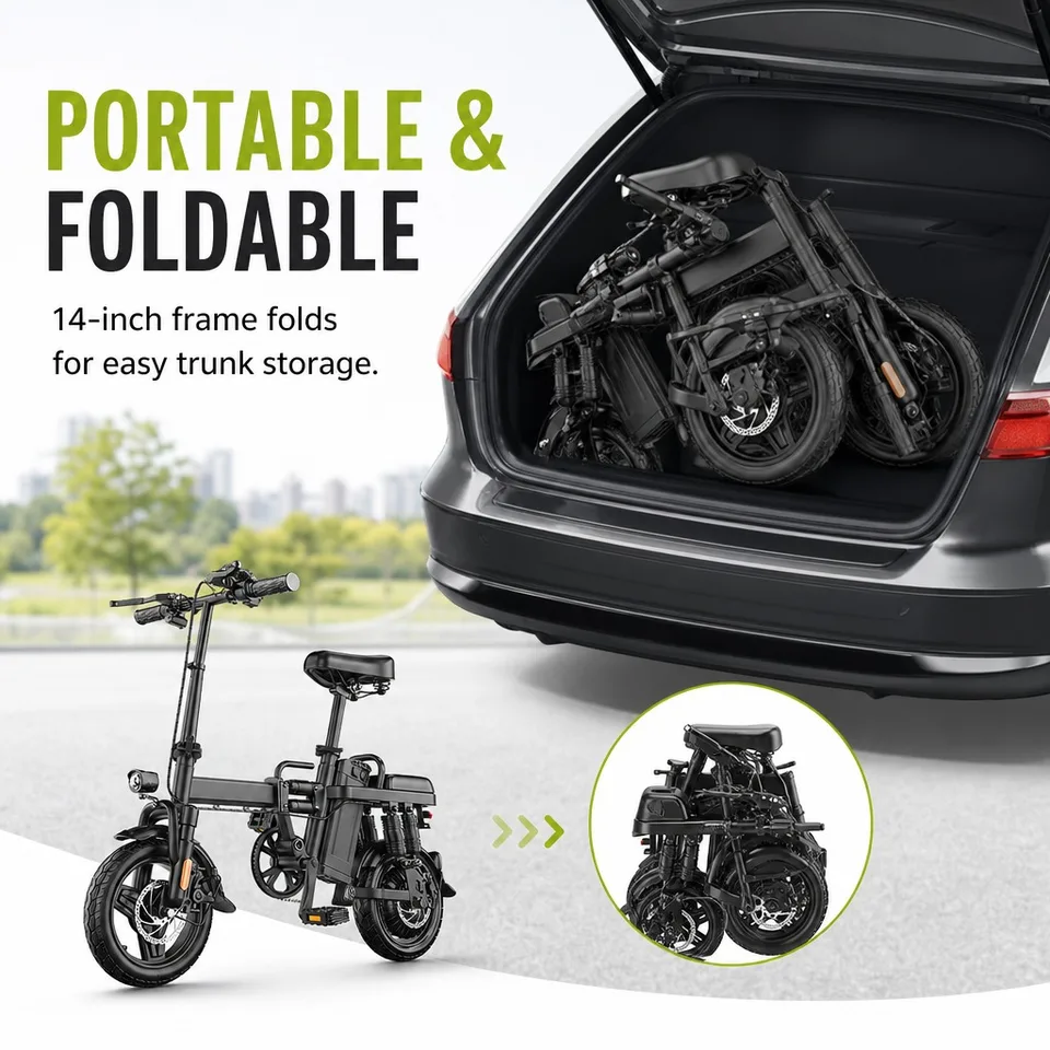 48V 500W Powerful Electric Bike 43km/h Top Speed, 48V 15Ah Battery Up to 60km Pedal Assist, Foldable 14" Frame, Dual Disc Brakes, 150kg Load Capacity, Front Basket & Fenders, Comfortable Urban Commuter E-Bicycle image 5