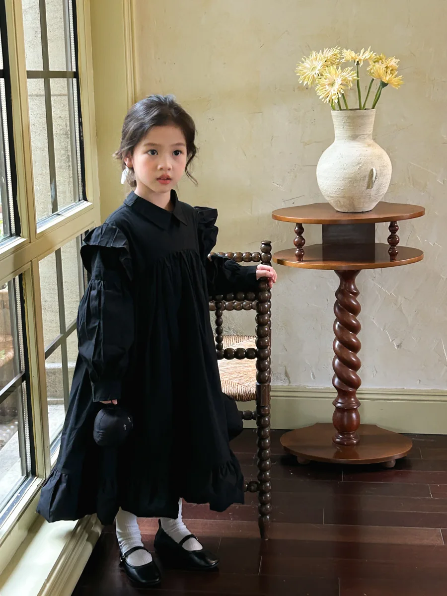 Girls Casual Dresses Children Autumn New Design Sense Easy Dress Girl Black Fashion Senior Long 2024 Simple Black