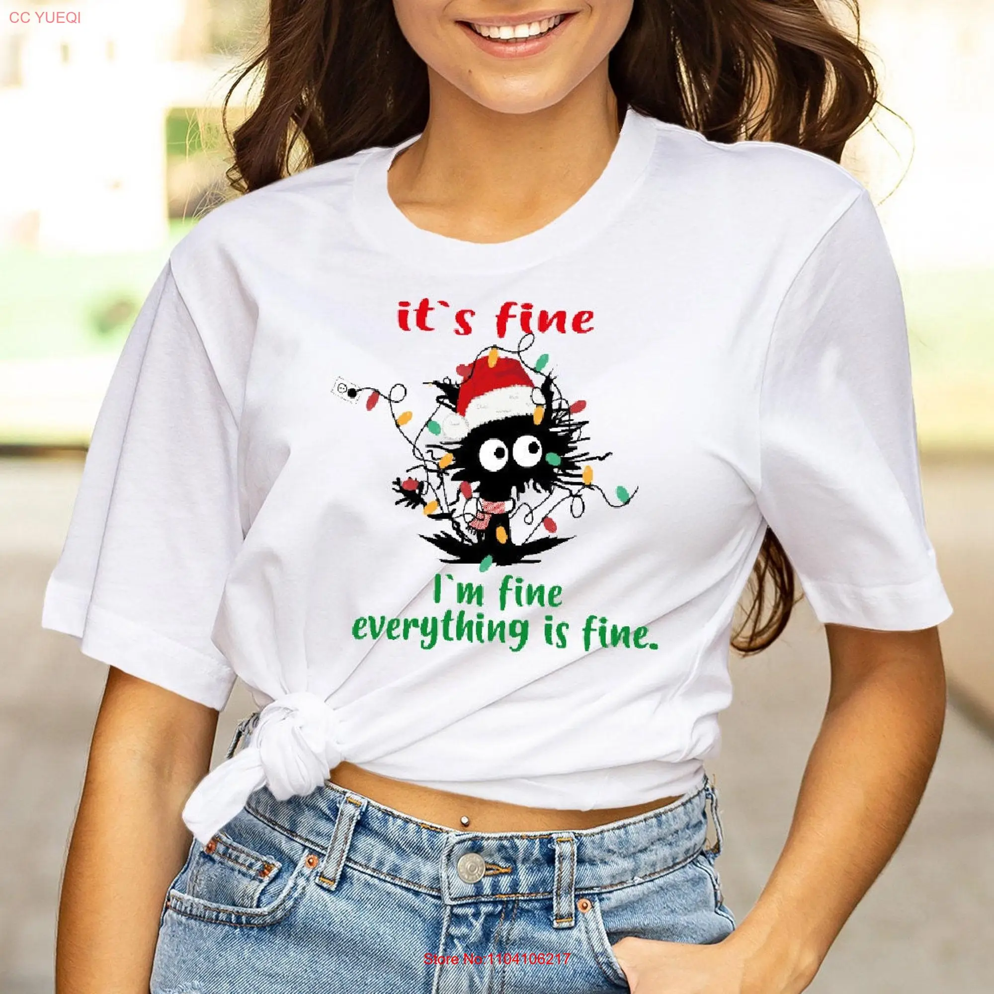 Cat Christmas T Shirt It's Fine I'm Everything is Introvert Funny Sarcastic Mental long or short sleeves