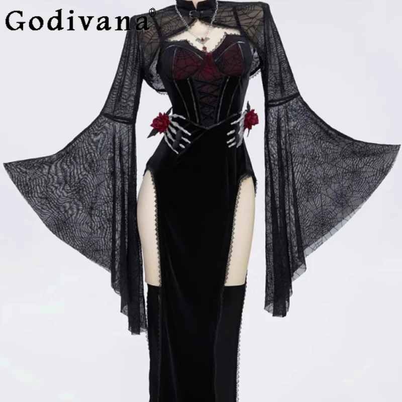 Women Moonlight Devil Gothic Halloween Dress Black Vampire Slit Dress Female Spiderweb Flare Sleeve Cloak with Necklace